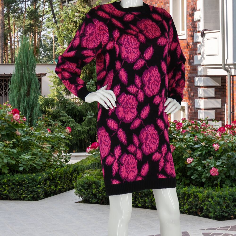 Chic Floral Neon Knit Sweater Dress M, Vintage Sartorial